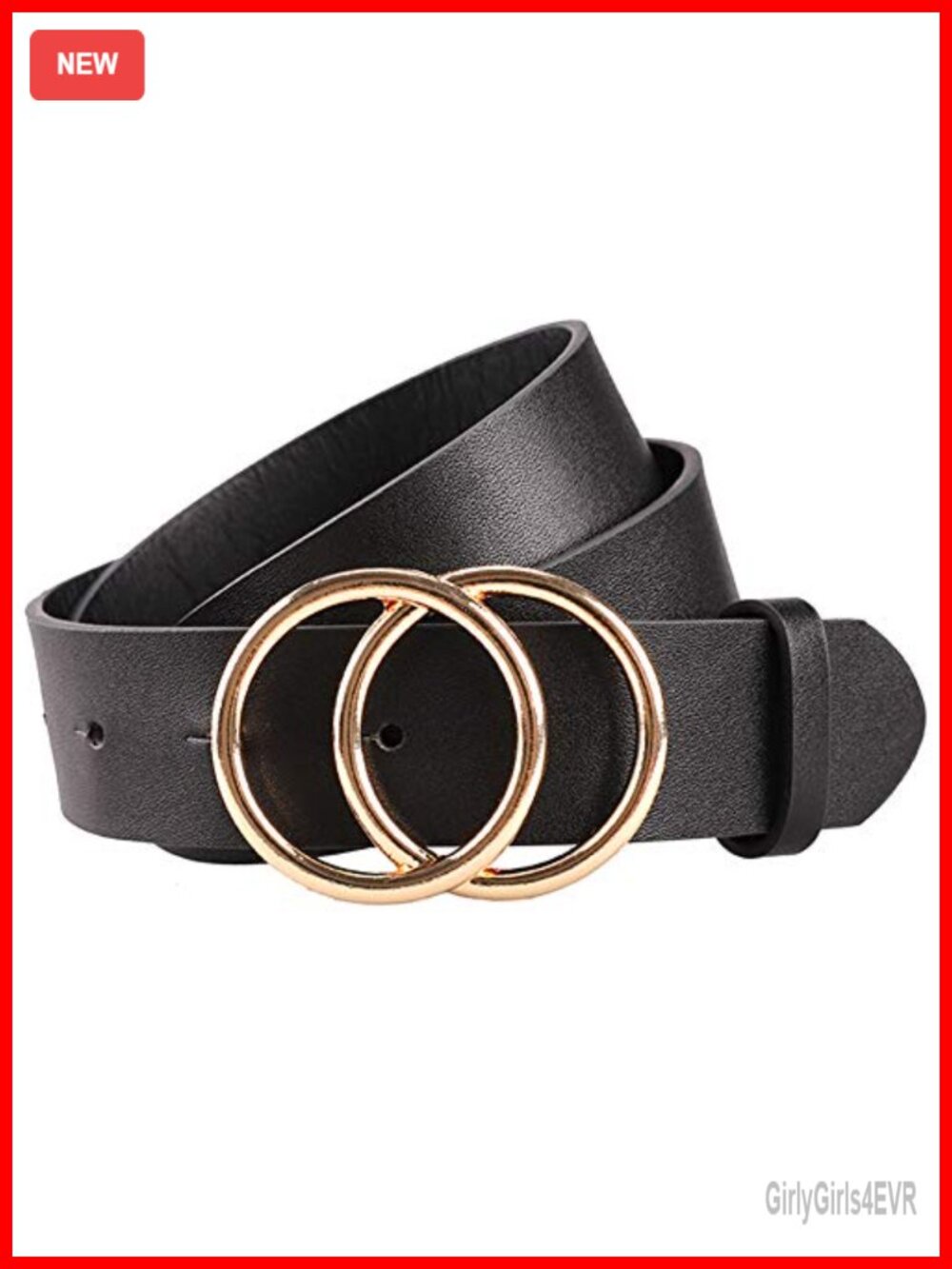 Women's Faux Leather Belt Gold Double Ring Buckle 1.3in Waist Jeans Dress